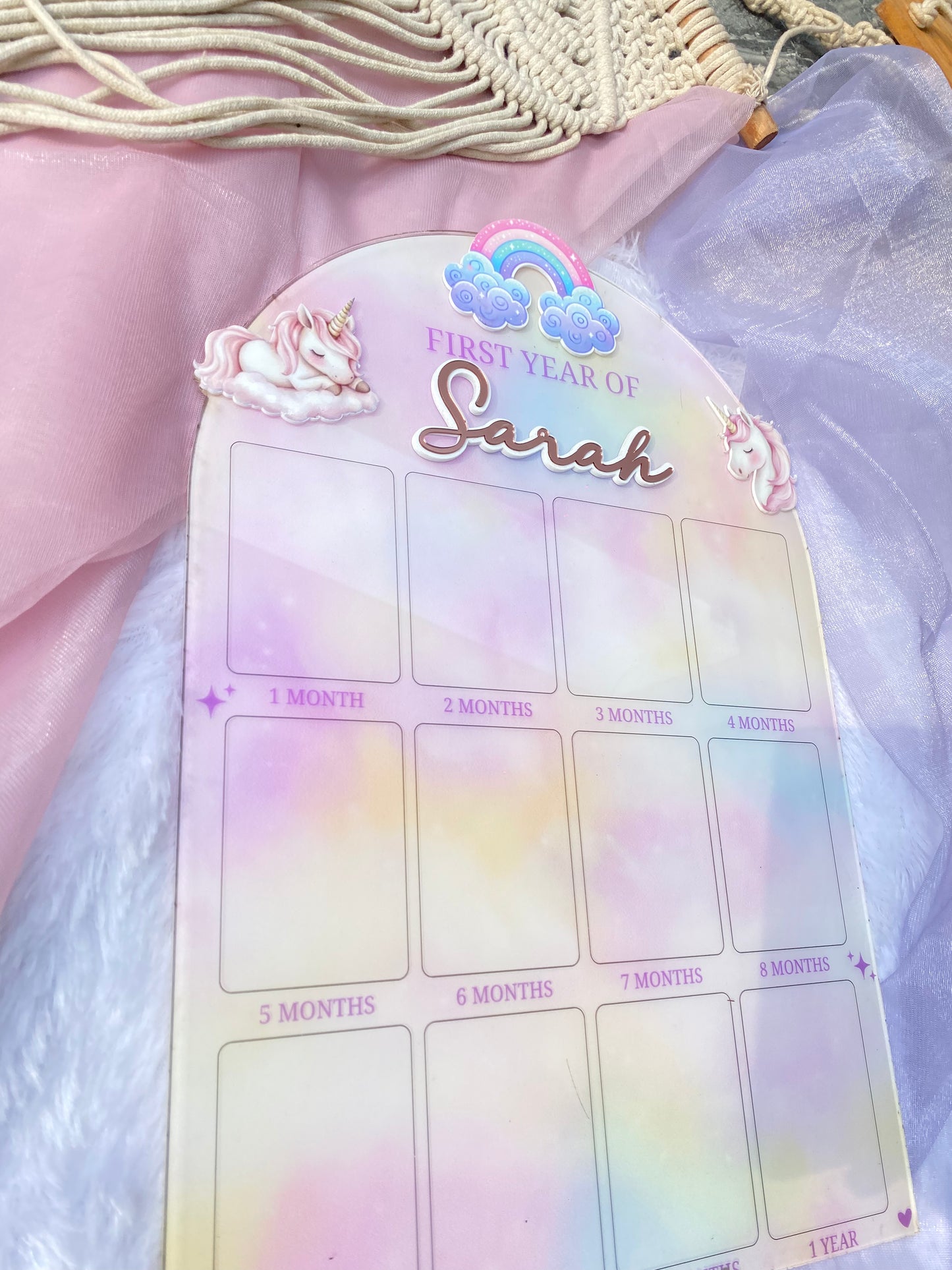 12 MONTH BABY ACRYLIC PHOTO BOARD | UNICORN THEME